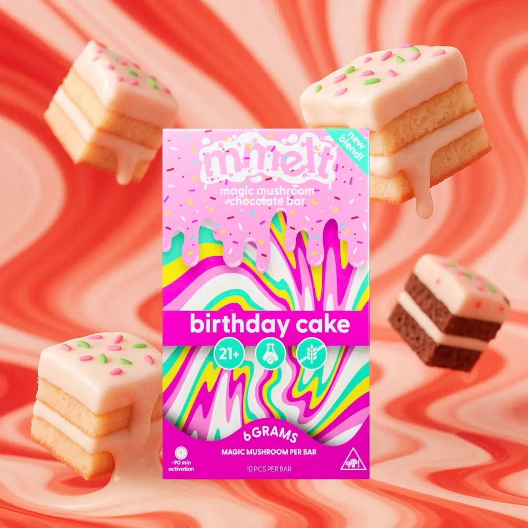 MMELT Mushroom Chocolates, Birthday Cake, 6G, front pack hero image