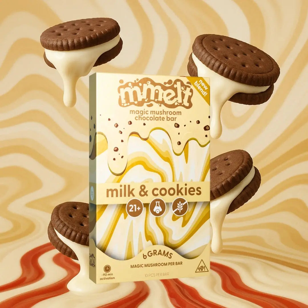 MMELT Mushroom Chocolates, Milk & Cookies, 6G, front pack hero image