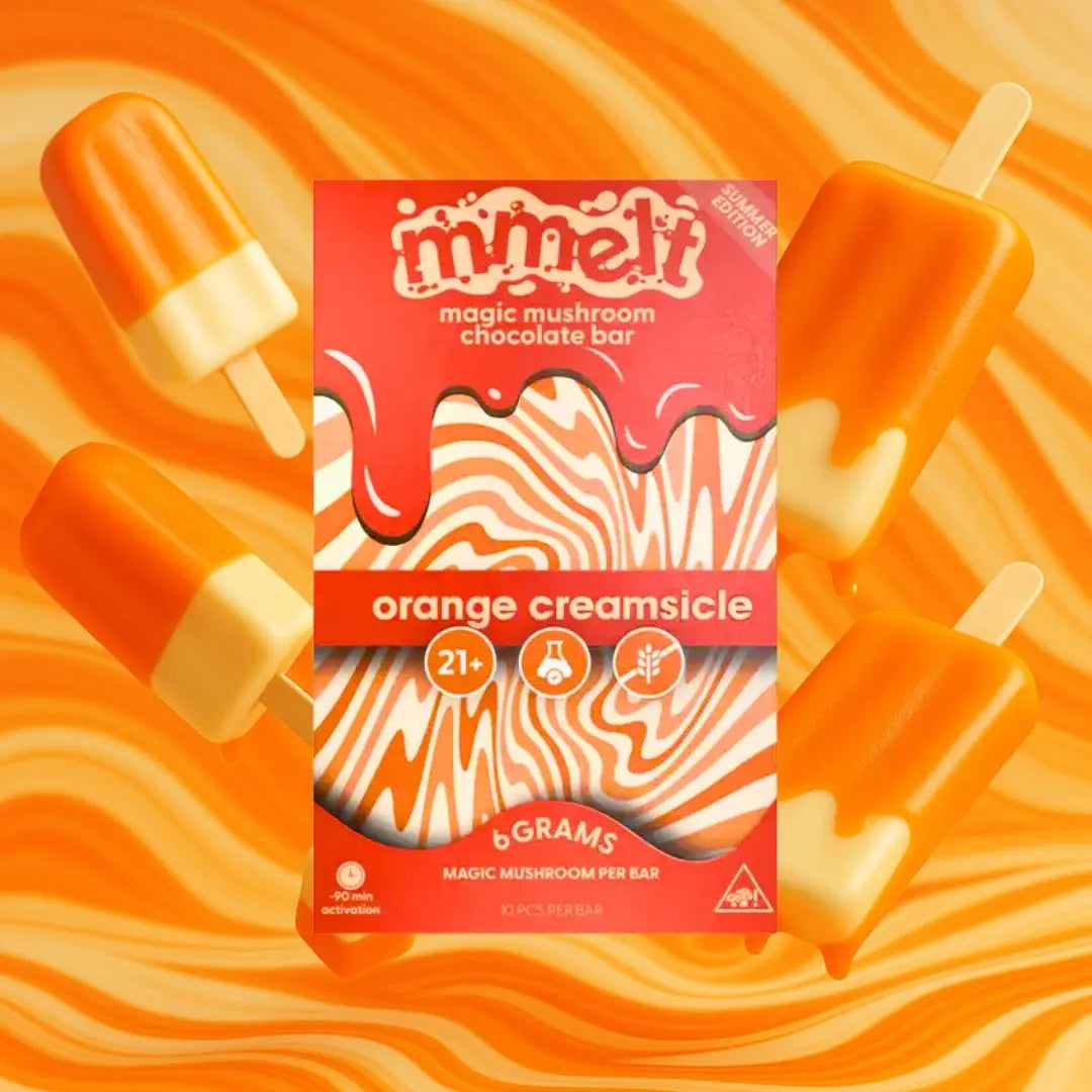 MMELT Mushroom Chocolates, Orange Creamsicle, 6G, front pack hero image