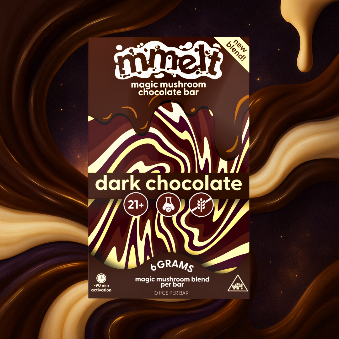 MMELT Mushroom Chocolates, Dark Chocolate, 6G, front pack hero image
