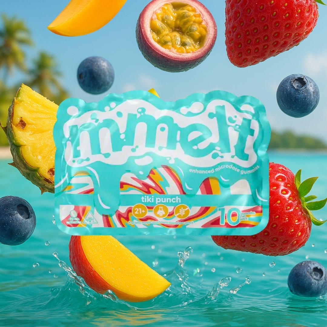 MMELT Mushroom Gummies, Tiki Punch, 10 Ct, front pack hero image