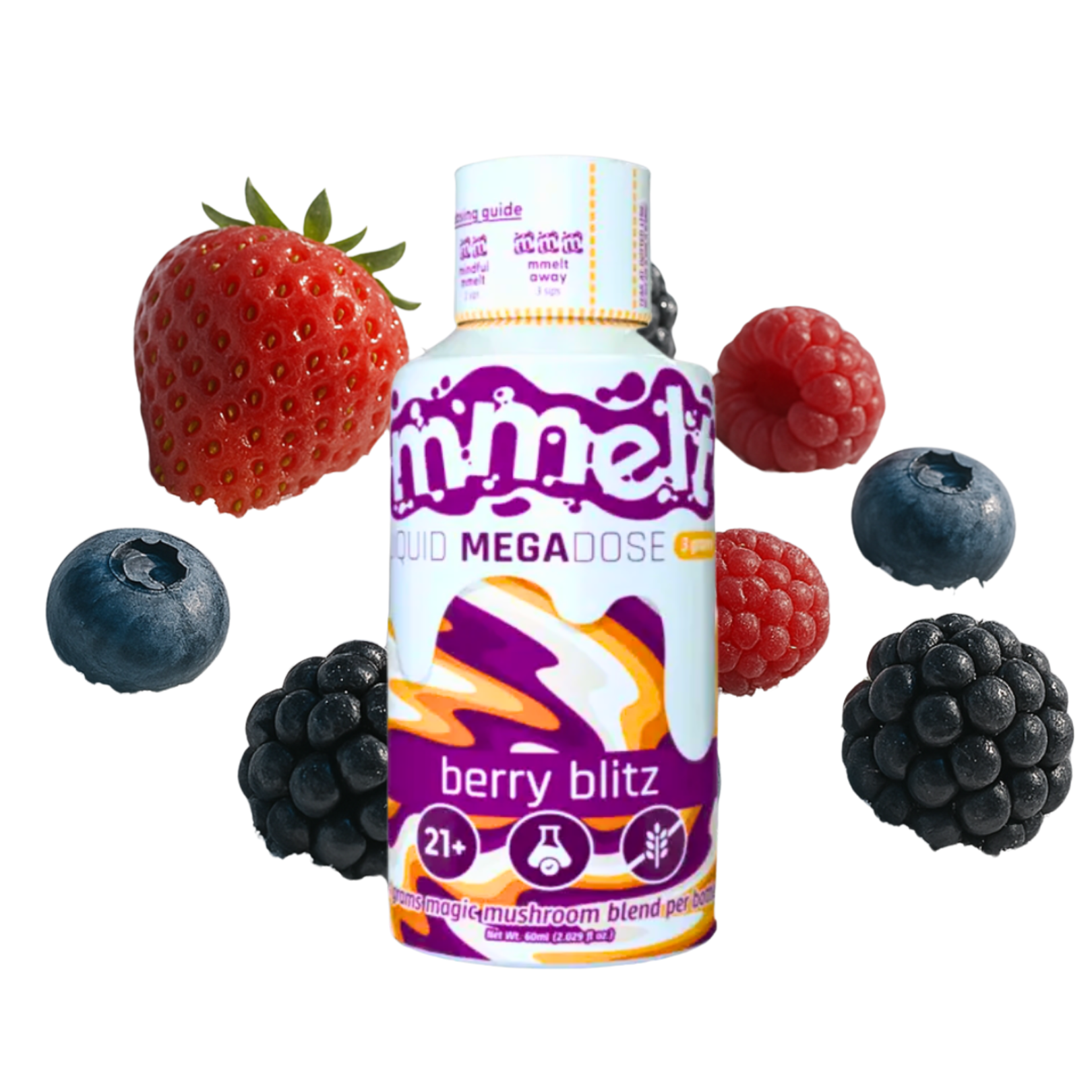 MMELT Mushroom Shots, Berry Blitz, 60mL, front pack hero image